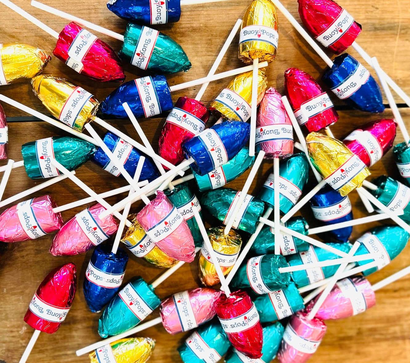 Colorful foil-wrapped Buoy Pops chocolates
